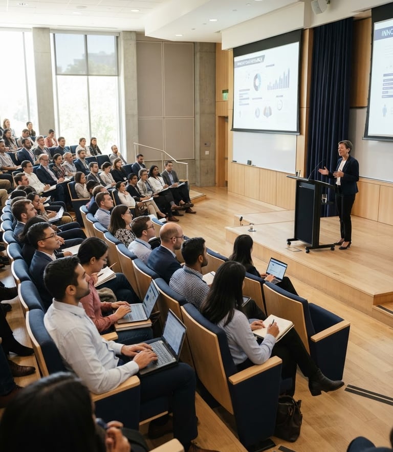 A bright professional lecture hall with an engaged academic audience, keynote speaker presenting at a clean lectern in the background, natural indoor lighting, corporate navy accents.