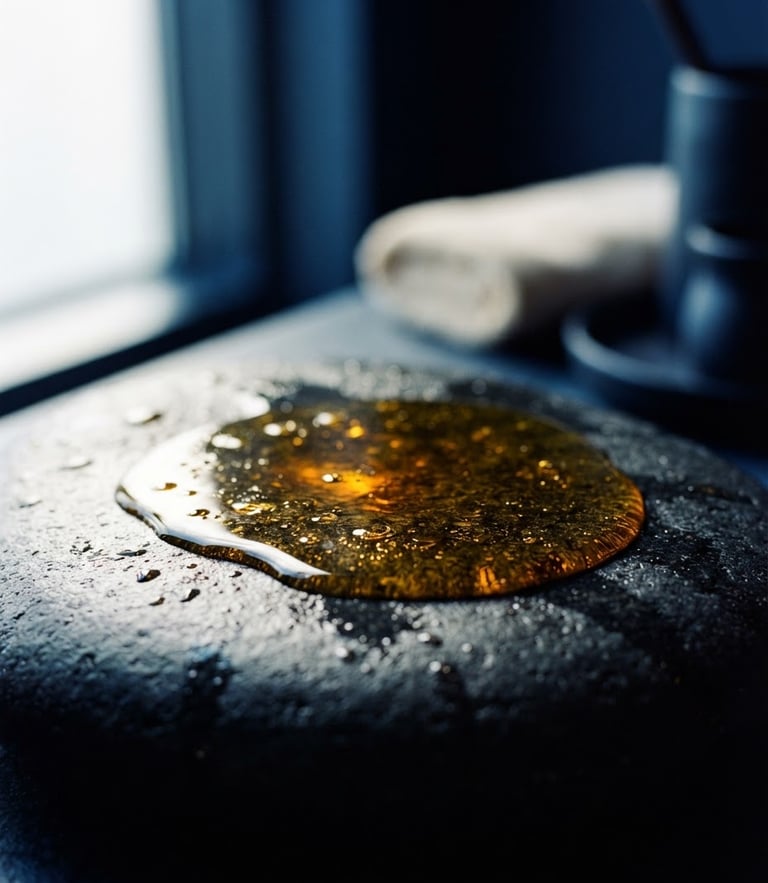Macro editorial photograph of warm golden oil glistening on a smooth dark basalt stone, soft diffused window light, deep blue shadows, minimalist luxury spa ambiance