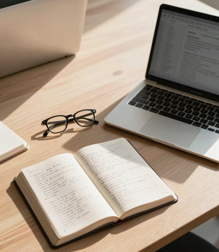 Overhead flat-lay of a modern Filipino collaborative workspace, an open Bible with handwritten notes next to a laptop, warm morning sunlight, professional and focused atmosphere.