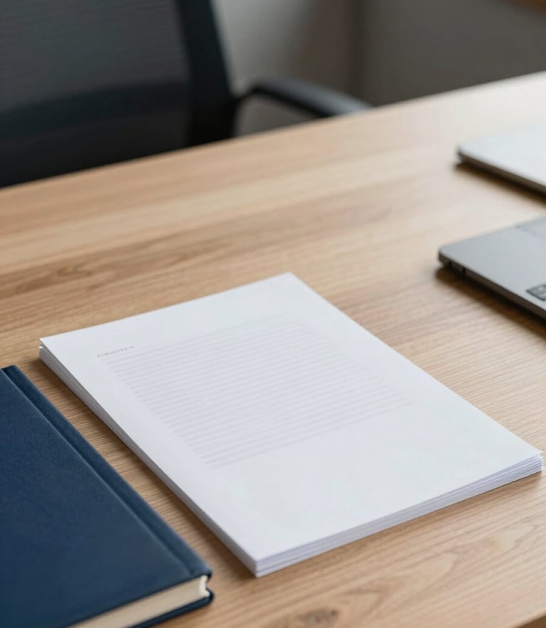 Calm organized workspace with a clean document on a wooden desk, soft natural office light, muted navy and warm sand tones, shallow depth of field, 35mm