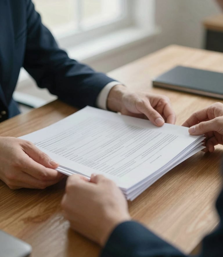 Close-up of hands organizing clean financial documents on a warm oak table, soft morning window light, editorial corporate style, 35mm