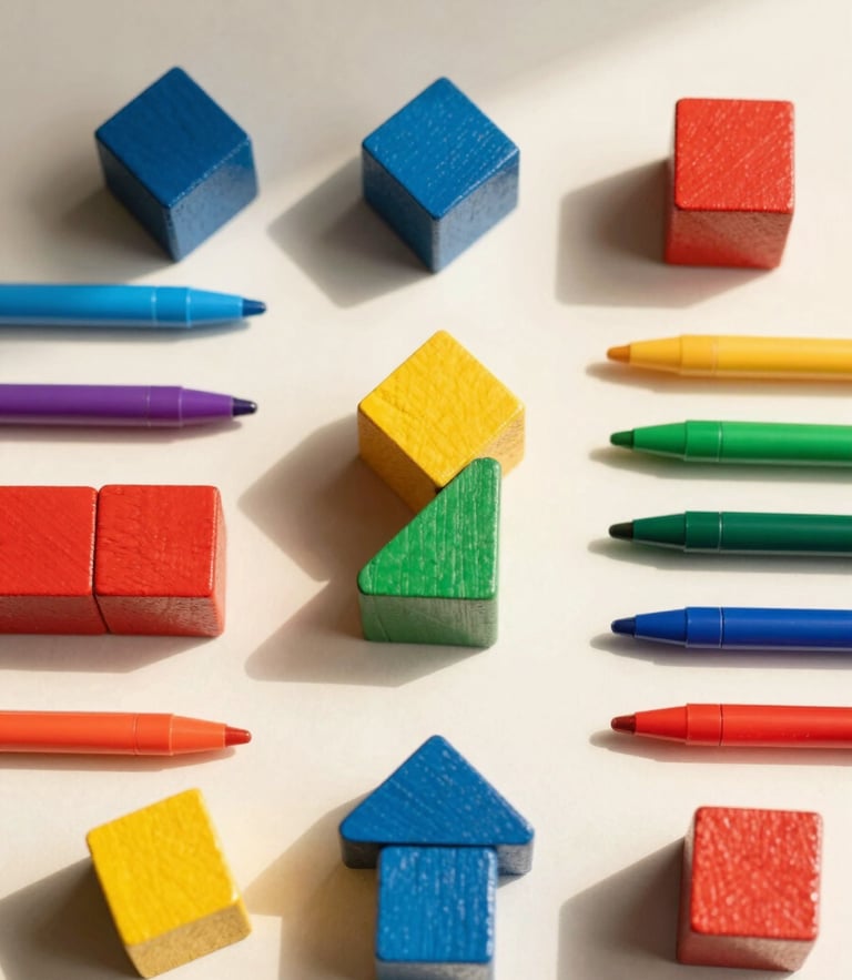 Overhead flatlay of vibrant wooden building blocks and colorful sketch pens arranged neatly on a soft cream background, natural morning daylight.