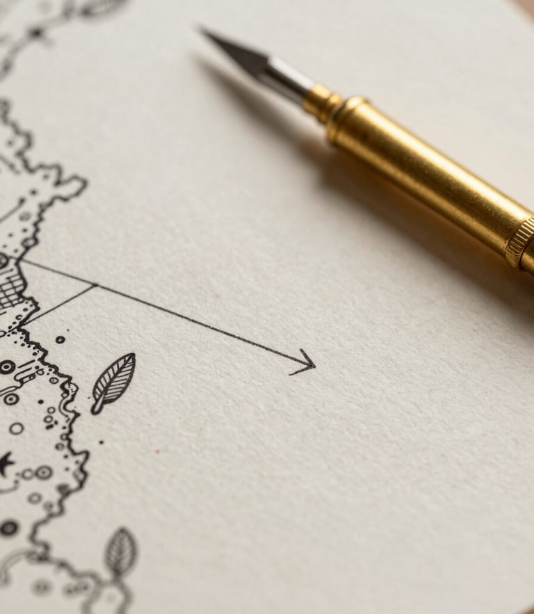 Extreme close-up of fine cartographic ink lines on textured heavy paper, elegant brass drafting tools resting beside, soft natural studio light emphasizing paper texture