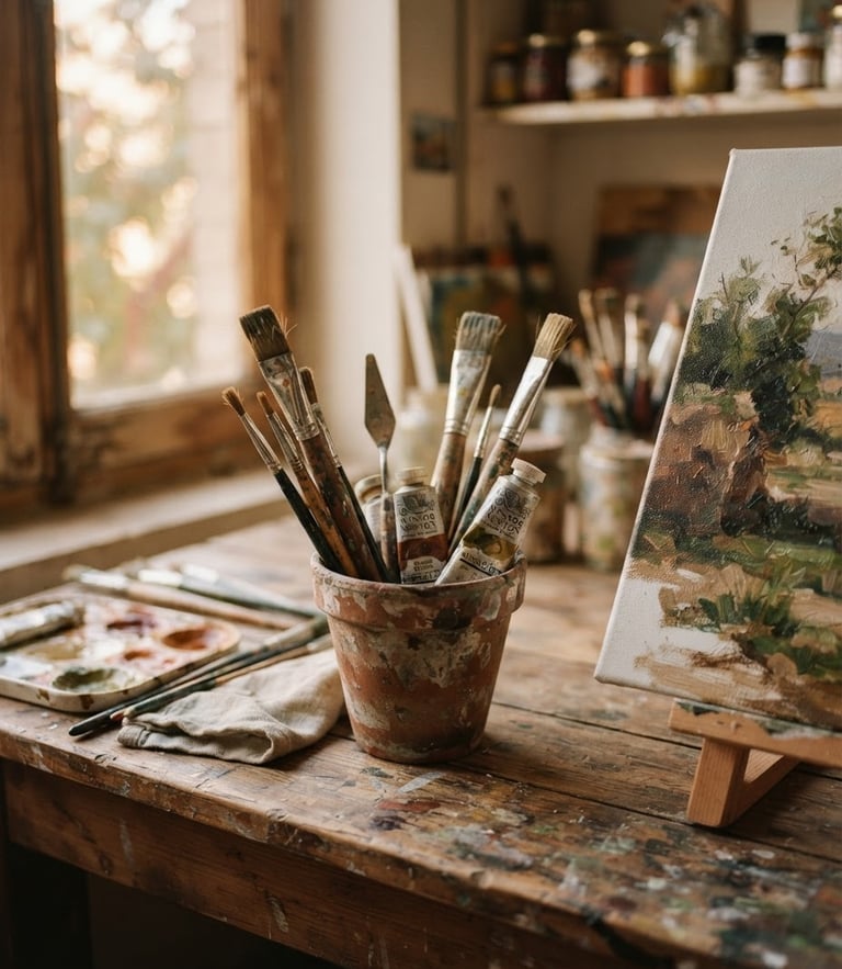 Warm editorial photography of a sunlit art studio in Mehrshahr, natural afternoon window light casting soft shadows, terracotta pots, paintbrushes, and unfinished canvases on a rustic wooden table, macro depth of field, 35mm