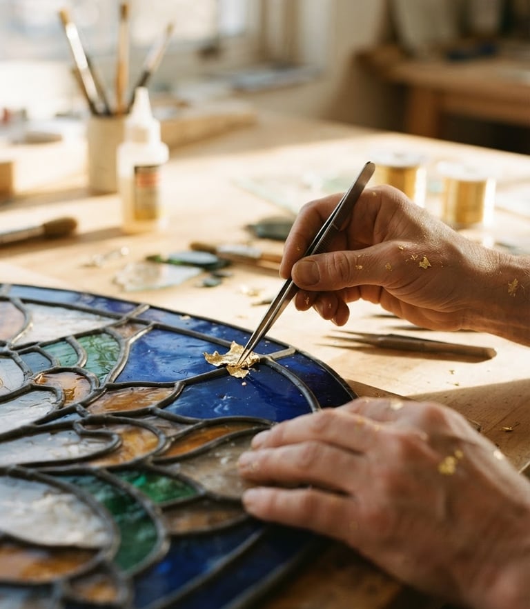 Close-up of hands applying delicate gold leaf to a deep blue vitray glass pattern, warm afternoon sunlight casting long shadows, 35mm