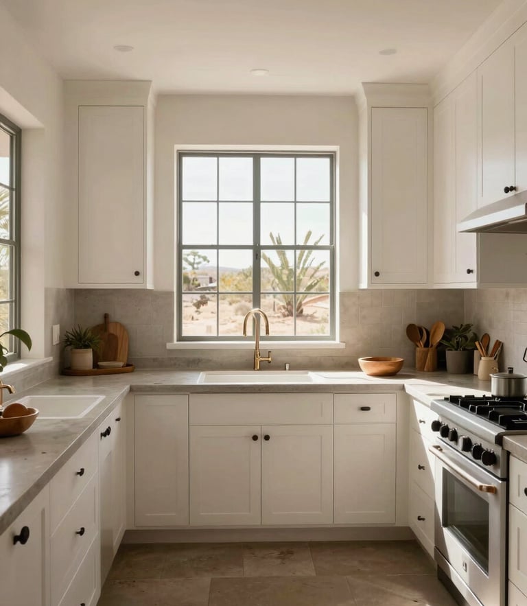 Straight-on architectural view of a sun-drenched Arizona kitchen, clean white oak cabinetry, concrete countertops, warm natural light pouring from a high window