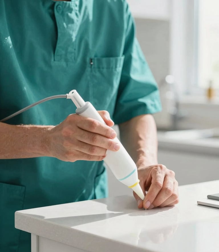 Close-up of a professional technician in a clean teal uniform using a precise gel applicator on a clean kitchen counter, bright natural daylight, sharp focus, 35mm