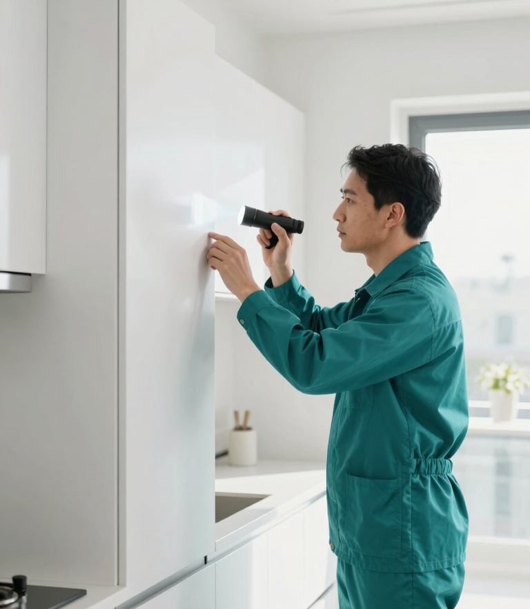 A professional technician in a clean teal uniform inspecting a modern bright kitchen cabinet with a flashlight, daylight, sharp focus
