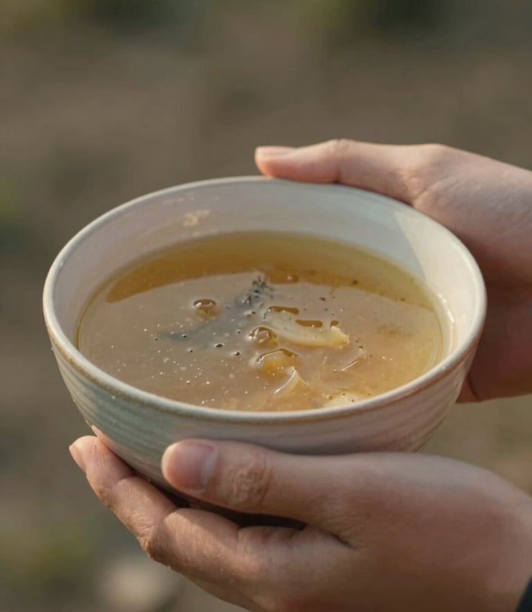 Close-up of warm hands holding a handmade ceramic bowl filled with warm soup, soft natural evening light, earthy tones, 35mm film look