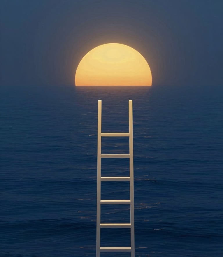 Minimalist 3D render of a clean geometric ladder reaching toward a radiant golden sun rising over a calm, deep blue ocean, high-contrast dawn light, cinematic framing