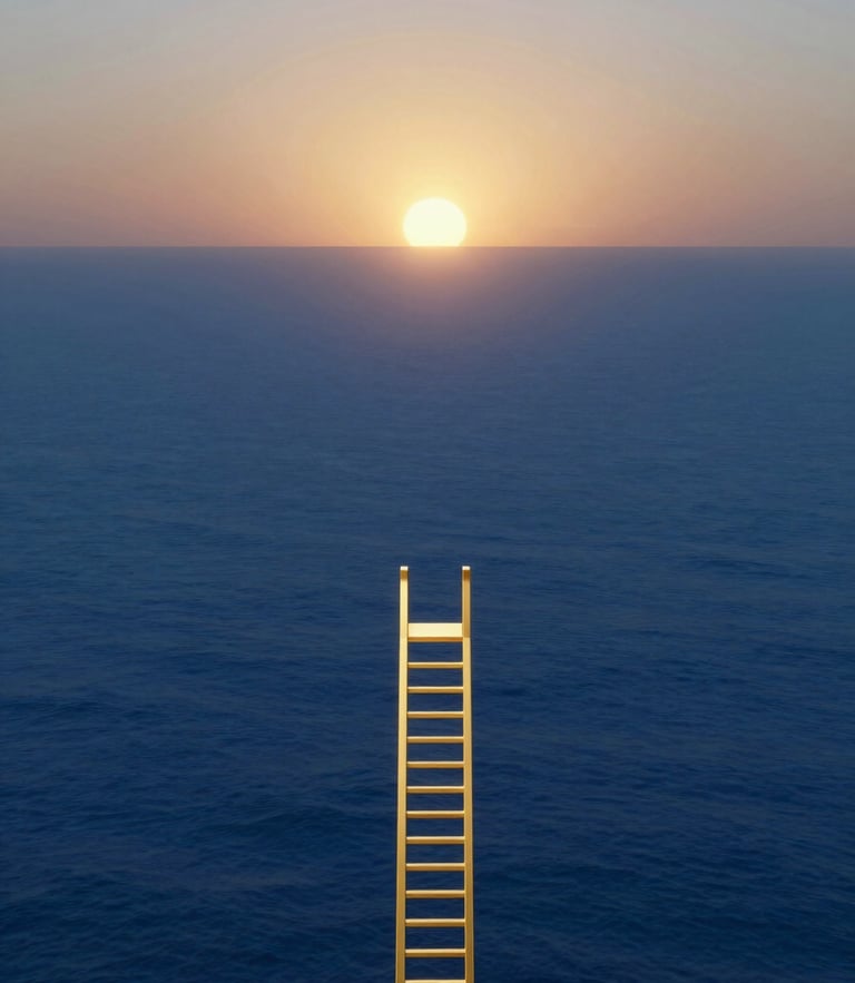Minimalist 3D render of a golden ladder rising toward a glowing solar dawn over a calm, deep blue ocean, cinematic light, wide horizon.
