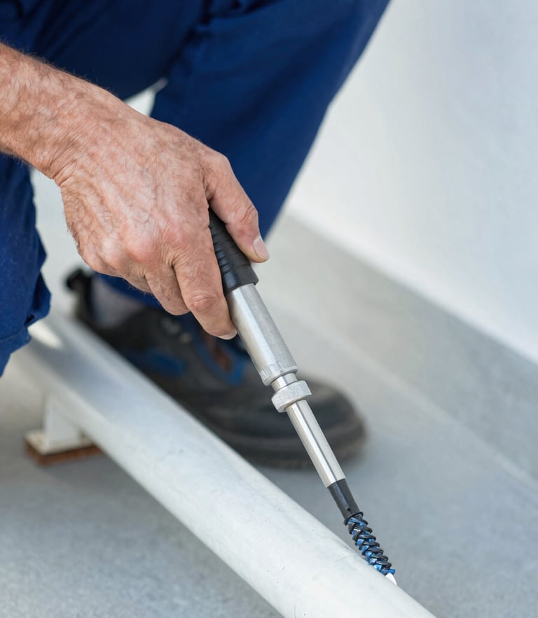 Close-up of a professional plumber's hands using a mechanical drain snake to clear a pipe, clean work clothes, sharp focus, natural daylight.