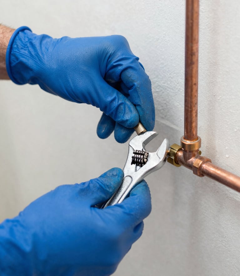 Close-up of a professional plumber's hands in blue work gloves repairing a copper pipe joint with a wrench, bright natural light, sharp focus, 35mm editorial style.