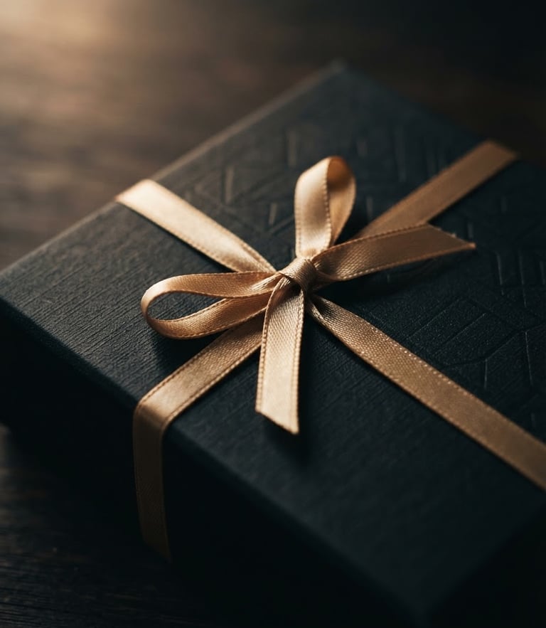 Moody close-up of a luxury dark textured gift box with a delicate gold ribbon, soft dramatic lighting with warm highlights, 85mm