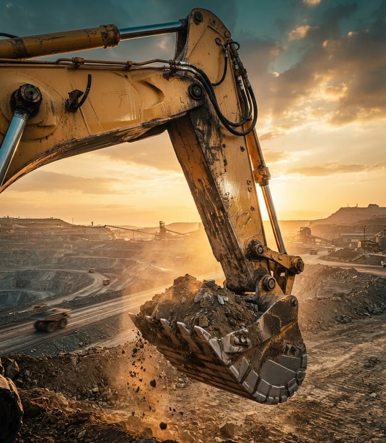 Low-angle heroic shot of a massive yellow excavator hydraulic arm glistening under golden-hour sunlight in a South African mining yard