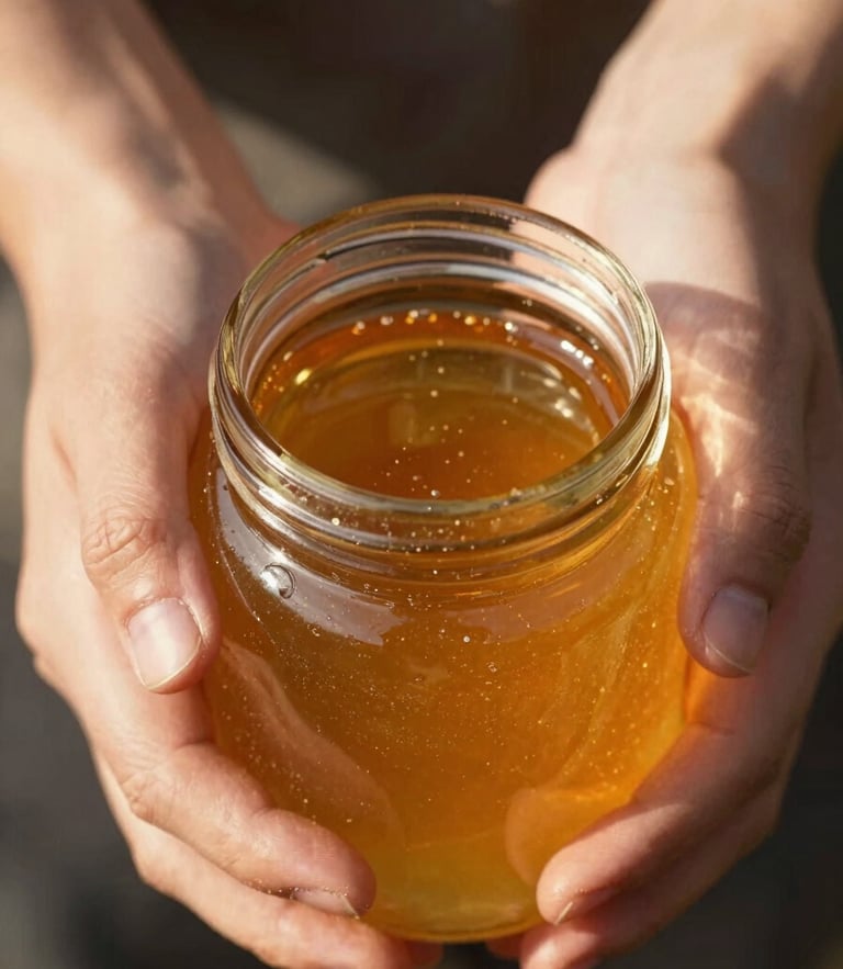 Close-up of hands carefully exchanging a clean amber glass jar filled with golden honey, warm natural light, macro detail.