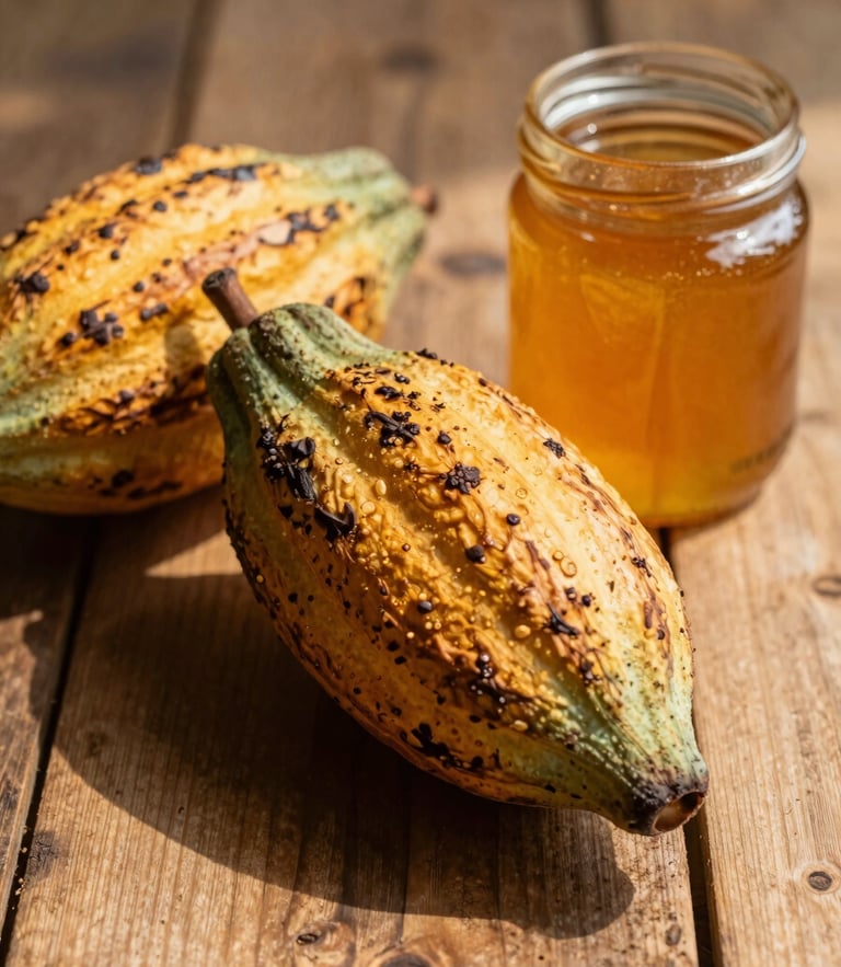 Macro photograph of wild cacao pods and raw honey jar on a rustic wooden table, warm morning sunlight casting long shadows, organic textures.