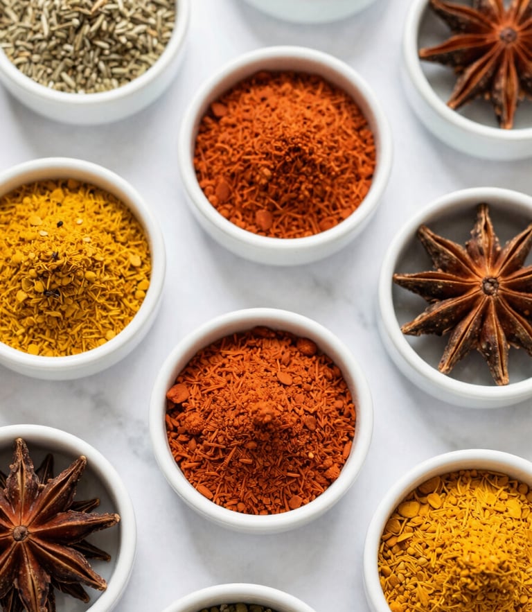 Overhead flat-lay of vibrant whole spices in clean white ceramic bowls on a bright marble surface, soft morning light.