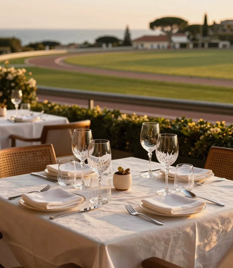Warm editorial photography of a beautifully set restaurant table with fine white linen and crystal glasses, looking out over the green racetrack of Cagnes-sur-Mer at golden hour, soft focus, 35mm.