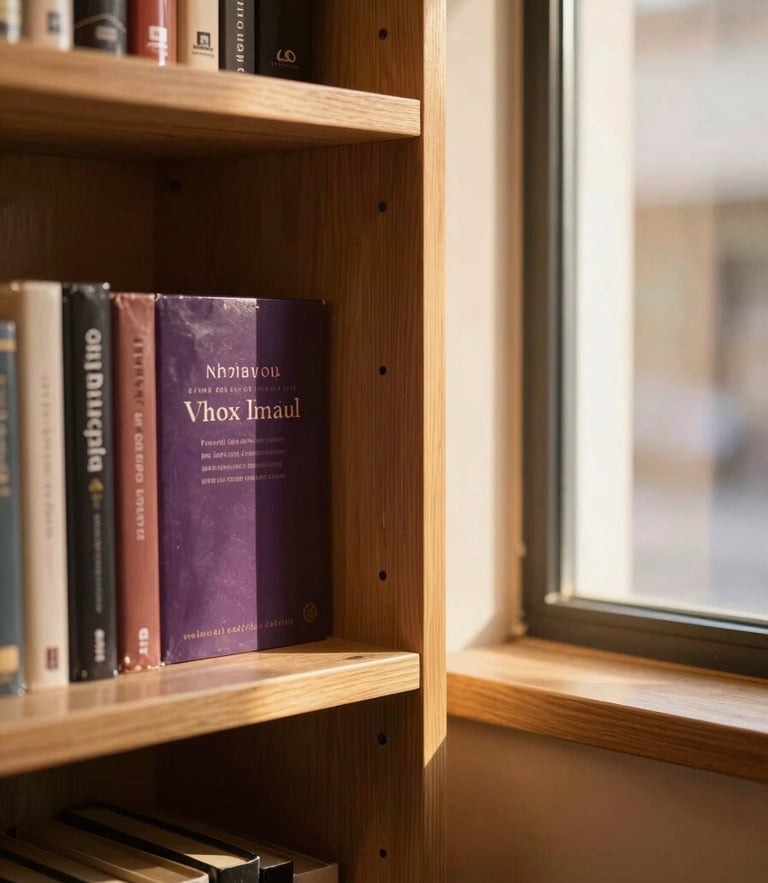 A warm sunlit corner of a physical bookstore with clean wooden bookshelves, soft golden-hour window light, shallow depth of field