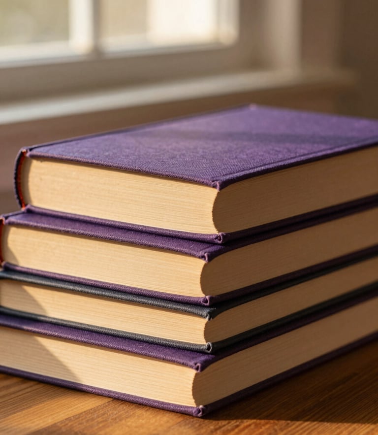Macro shot of linen-bound books stacked on a clean wooden table, soft golden-hour window light, shallow depth of field
