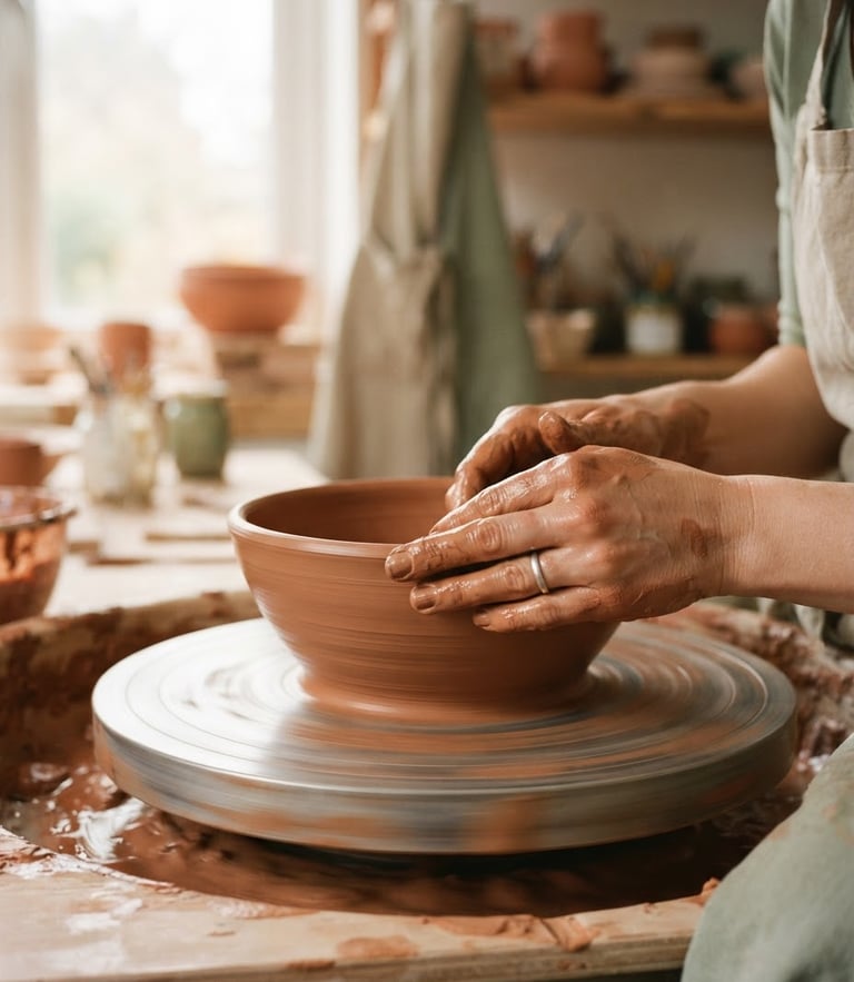 Close-up of a potter's hands shaping a terracotta clay bowl on a spinning wheel, soft morning light, warm earthy tones, shallow depth of field