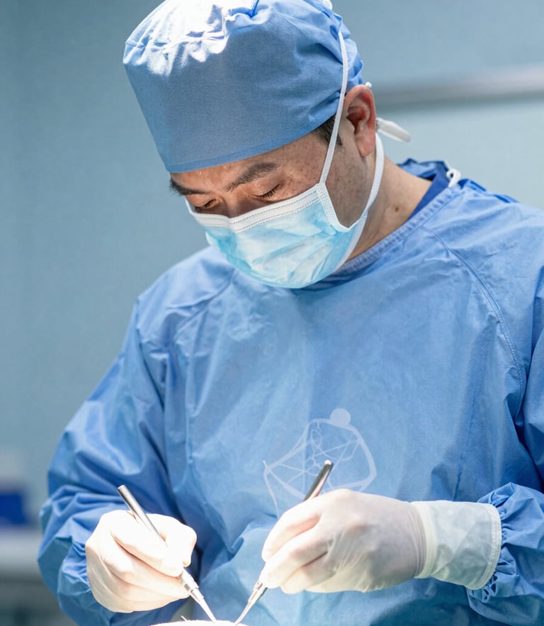 Close-up of a professional clinical instructor in sterile blue scrubs demonstrating surgical instrumentation under cool bright studio lighting, sharp focus, 50mm lens.