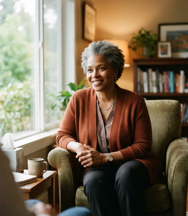 A warm, natural-light portrait of a supportive counselor sitting by a window, medium format photography, rich earthy tones, dignified and authentic