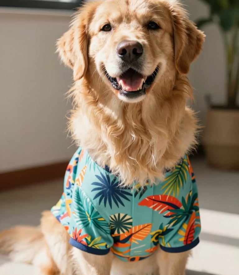 A happy golden retriever wearing a colorful tropical print pet shirt, sitting indoors under warm natural daylight, looking directly at the camera with a joyful expression