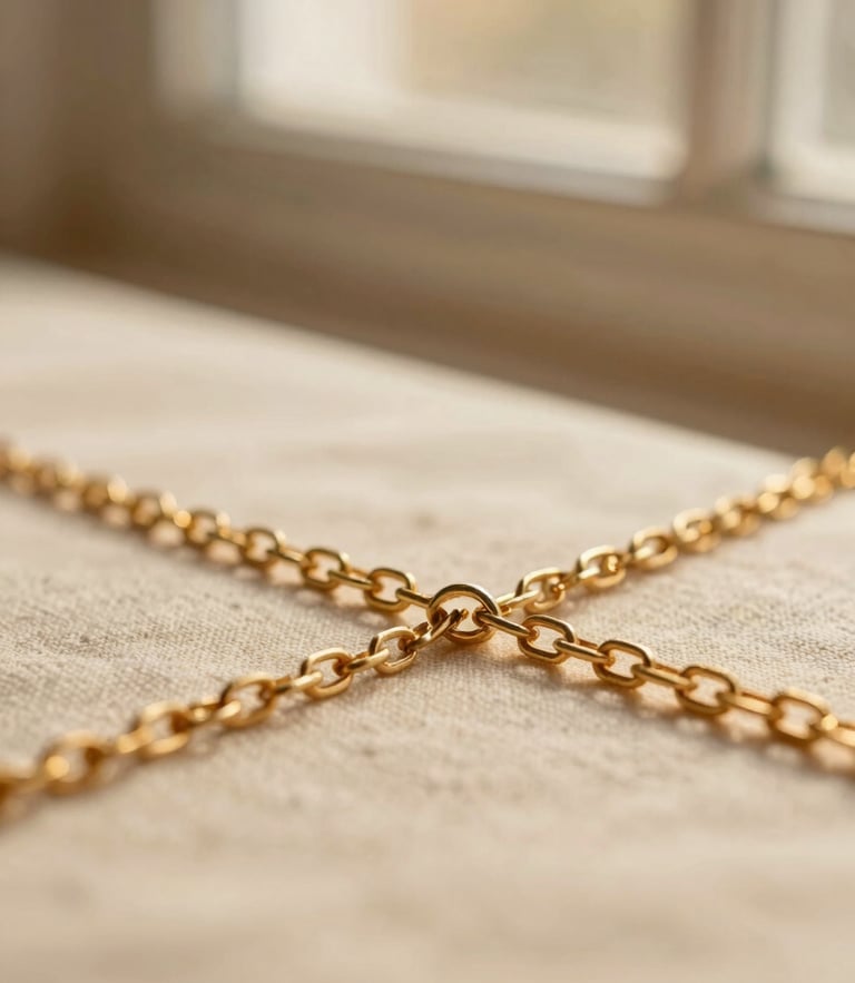 Macro close-up of a delicate gold chain resting on a soft cream linen texture under warm golden-hour window light, showing detailed metal links.