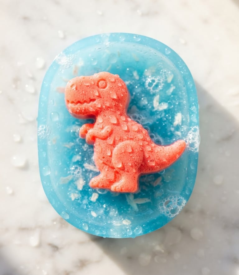 Overhead shot of a bright coral dinosaur soap resting on a translucent sky-blue resin soap dish, sunny morning window light, water droplets, crisp macro details