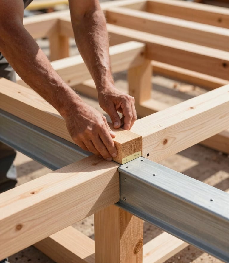 A master framing carpenter's hands measuring a heavy timber joint on an organized, swept outdoor jobsite, sharp morning light, 35mm