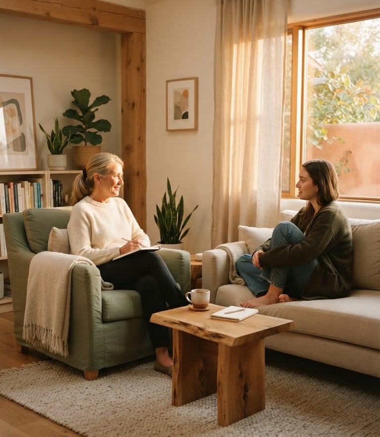 Warm, indirect golden-hour window light illuminating a peaceful counseling room with natural wood and soft linen textiles, shallow depth of field, 35mm