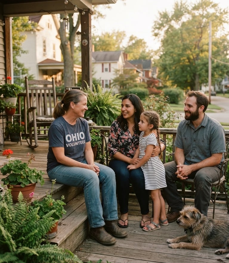 Candid documentary photo of a warm Ohio volunteer talking with a local family on a front porch, soft golden-hour daylight, rich organic tones, 35mm film aesthetic