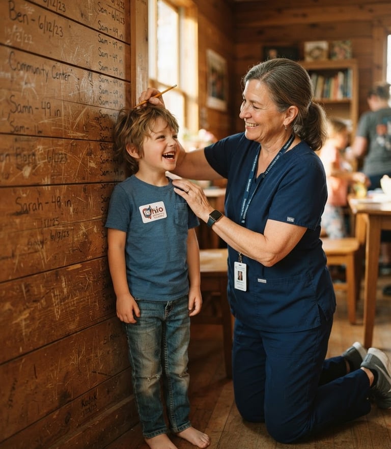 A caring Ohio volunteer nurse checking a smiling young boy's height against a wooden wall, warm golden-hour daylight, documentary-style framing, 35mm film aesthetic.