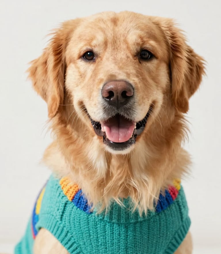 Eye-level portrait of a happy golden retriever wearing a colorful handmade teal sweater, soft natural daylight, bright background