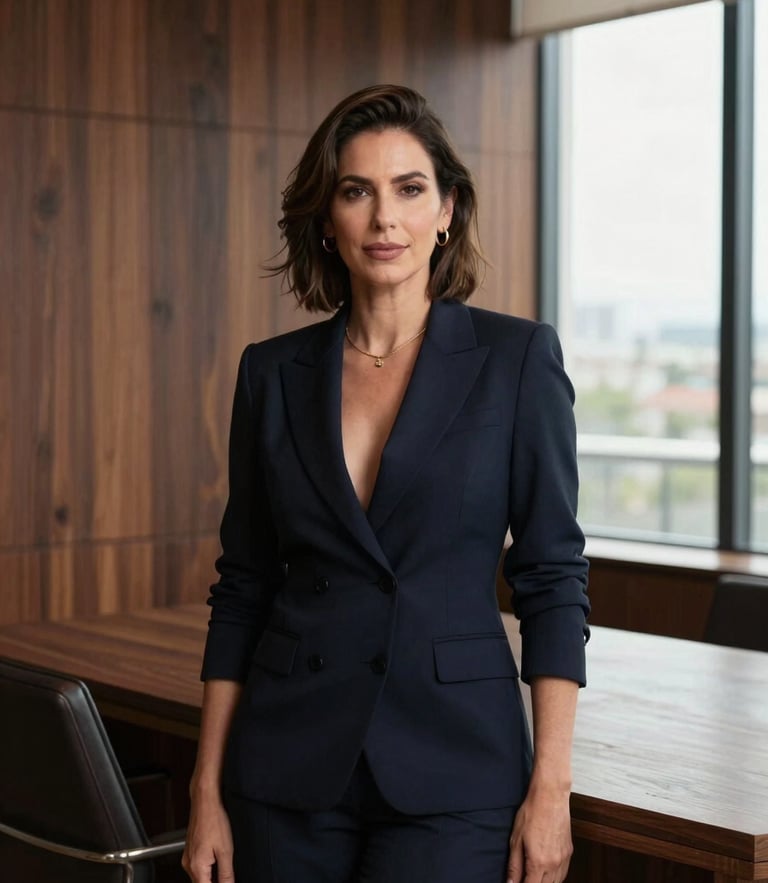 Elegant professional portrait of Dra. Fernanda Julie in a sophisticated contemporary office with dark wood paneling, warm natural light from a large window, editorial style, 85mm lens, atmospheric and authoritative.