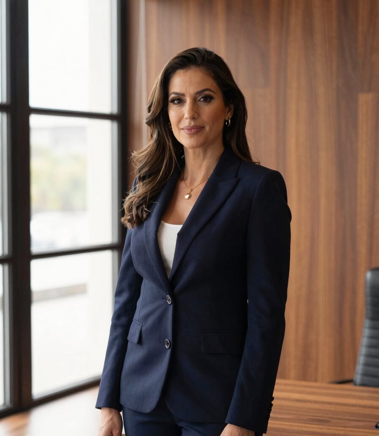 Elegant professional portrait of Dra. Fernanda Julie in a sophisticated, contemporary law office, warm natural window light, deep navy and rich wood tones, shallow depth of field, 85mm lens.
