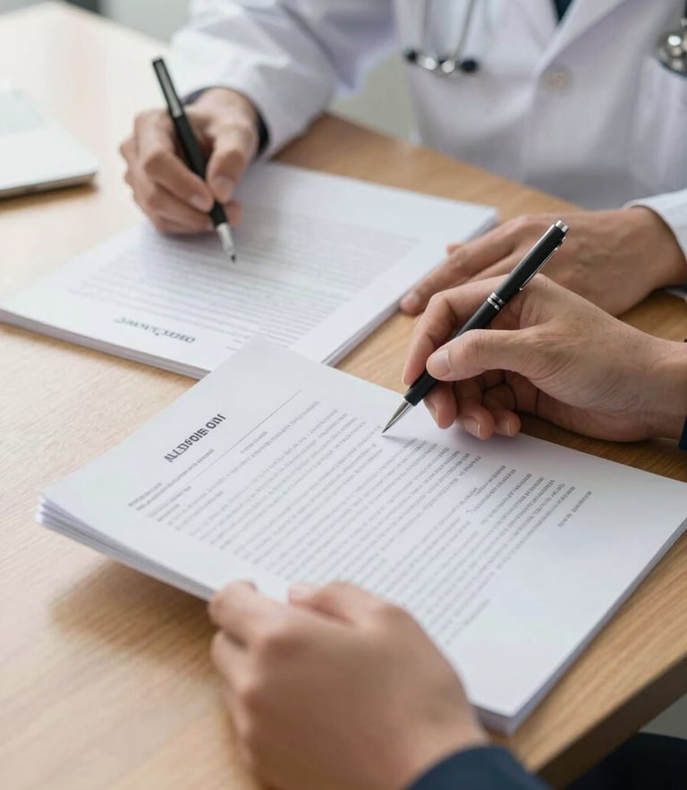 A medium close-up of professional hands reviewing structured medical-legal documents on a warm wooden desk, soft diffused natural morning light, conveying organized clinical oversight.