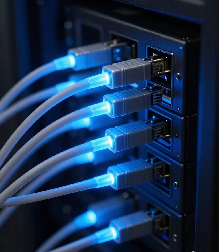Macro close-up of glowing electric blue fiber optic cables in a dark server rack, high-contrast technical hardware, sharp focus, 35mm lens
