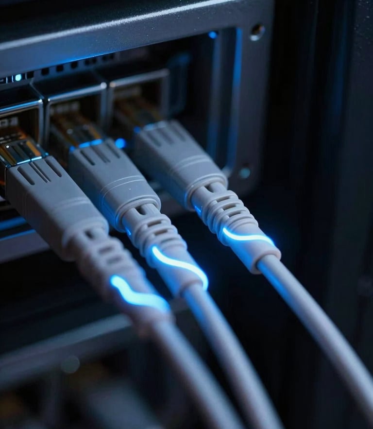 Macro close-up of high-speed fiber optic cables glowing in a dark server environment with electric blue light trails, sharp focus, 35mm lens.