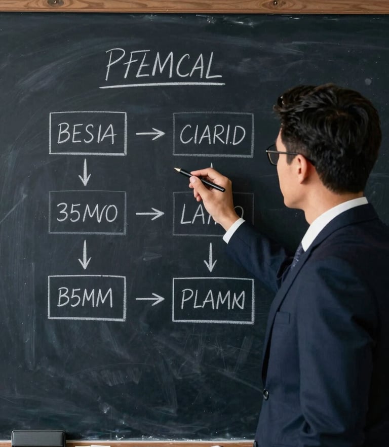A focused executive analyzing a tactical framework on a blackboard, high-contrast editorial photography, directional natural light, deep navy tones, sharp focus, 35mm.