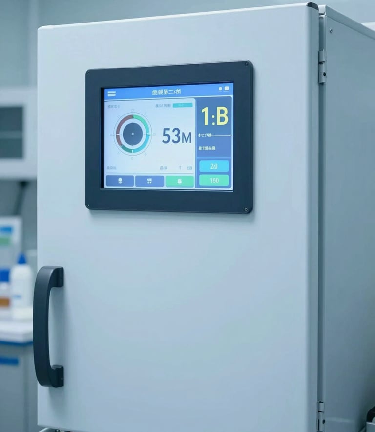 High-tech pharmaceutical cold storage unit with digital temperature monitoring screen displaying clinical metrics, sterile environment.