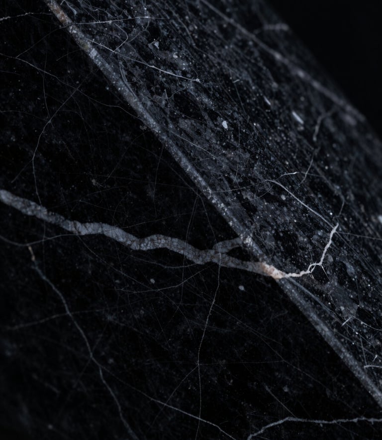 Macro close-up of dark marble textures with high-contrast directional light and deep shadows, 35mm