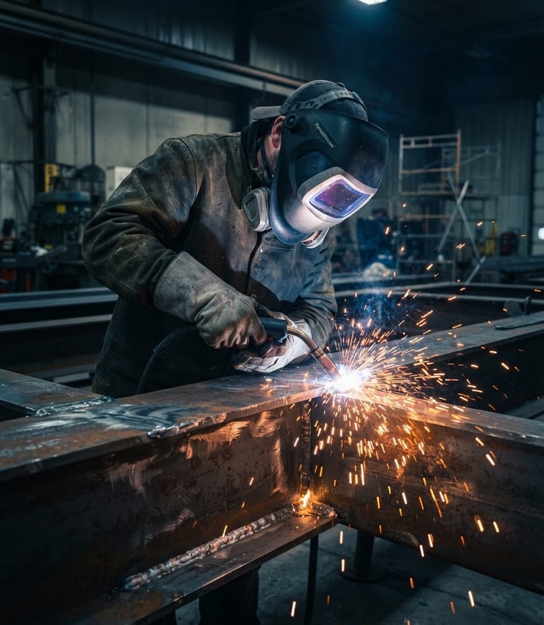 Close-up of a certified welder in full protective gear, bright orange sparks flying from a precise weld on a heavy steel structure, dramatic high-contrast industrial lighting.