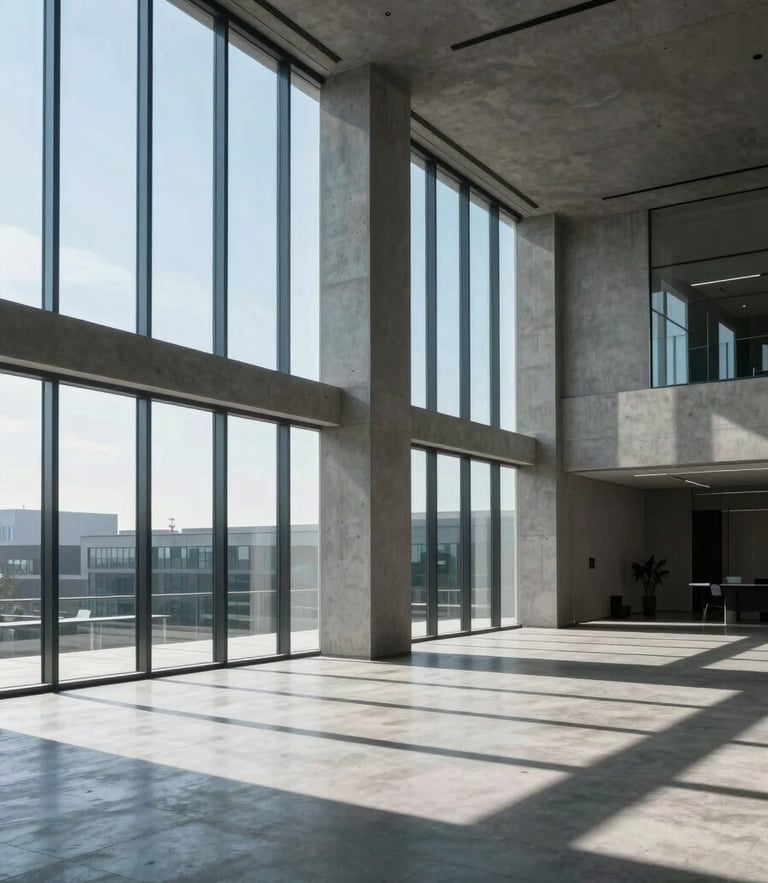 Wide environmental shot of a modern architectural office with sharp geometric shadows, cool blue morning daylight streaming through floor-to-ceiling windows, minimalist concrete surfaces.