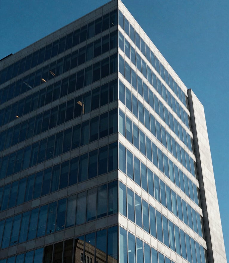 Bright, high-contrast architectural crop shot of a modern corporate office building in Delaware, sharp geometric lines, deep blue sky reflecting off glass panels.