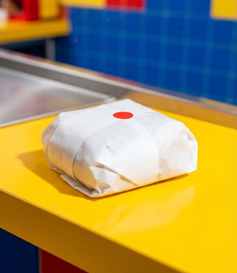 Extreme close-up of a clean, modern fast-food pickup counter, a perfectly wrapped burger package visible, crisp studio lighting, sharp hard shadows, saturated primary colors.