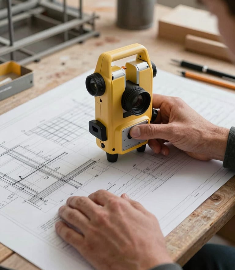 Gros plan sur les mains d'un métreur utilisant un double décamètre et un stylo technique pour analyser un plan de coffrage en béton sur un bureau de chantier.