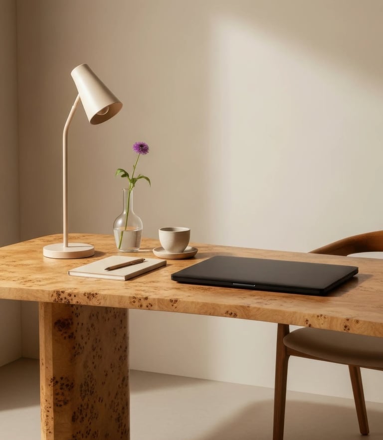 Minimalist home office desk with a laptop, modern desk lamp, and a purple flower in a glass vase.